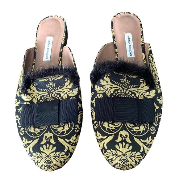 Tabitha Simmons Masha Mink-Trim Brocade Mule Black Gold 40 size 10 - Picture 2 of 9